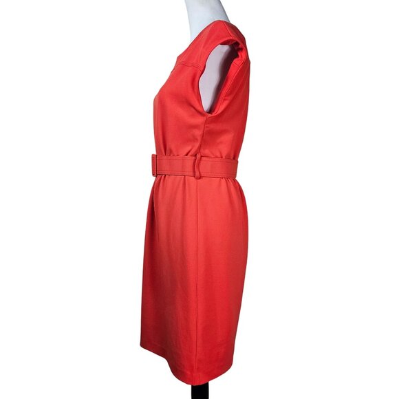 Calvin Klein Red Belted Knee Length Dress Sz 6 Elastic Waist Stretch Cap Sleeve - Picture 2 of 13
